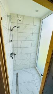 a bathroom with a shower with a glass door at Saulėlydis in Dreverna