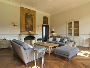 a living room with couches and a fireplace at Luxurious castle in Marchin with infrared sauna in Tharoul