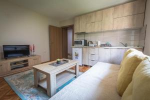 a living room with a table and a kitchen at Guest House - Axios in Gevgelija