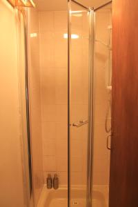 y baño con ducha y puerta de cristal. en Spacious Townhouse, en Youghal