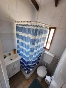 łazienka z niebieską zasłoną prysznicową i toaletą w obiekcie Cabaña 4 persona Maitencillo w mieście Maitencillo