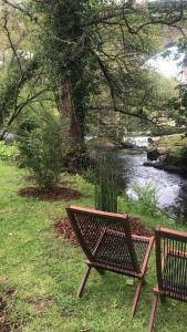 a bench sitting in the grass next to a river at La maison bleue in Pont-Aven