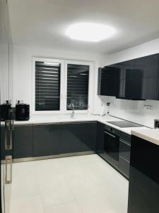 uma cozinha com armários e janelas a preto e branco em Villa Rosé Lehnice em Lehnice