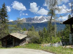 a log cabin with a mountain in the background at Chalet Chalet Rodas 9 by Interhome in Malmigiuer