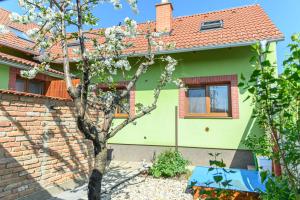 una casa verde con un árbol delante en Ubytování na výminku en Mikulčice