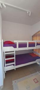 Dos literas en una habitación con sábanas moradas. en Petrovac Studio Apartment Ana, en Petrovac na Moru