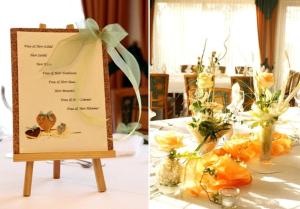 two pictures of a table with a sign and flowers at Wagners Fränkischer Hof in Altenkunstadt