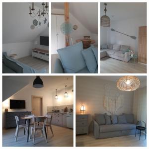 four different pictures of a living room and a kitchen at Biała Czapla in Augustów