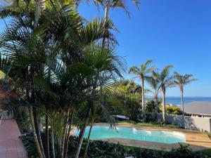 a swimming pool with palm trees and the ocean at Lazydaze Super and Tubes in Jeffreys Bay