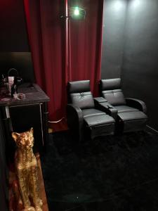 a living room with a couch and a cat statue at Suite de prestige avec spa & cinéma in Ivry-sur-Seine +3 photos