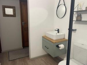 a bathroom with a sink and a toilet and a mirror at Lazydaze Point in Jeffreys Bay