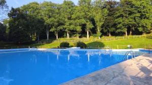 a large blue swimming pool with trees in the background at Dům u koupaliště in Česká Kamenice