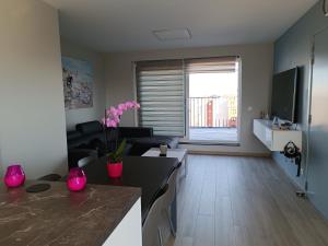 a kitchen and living room with pink vases on the counter at Koksijde Penthouse in Koksijde