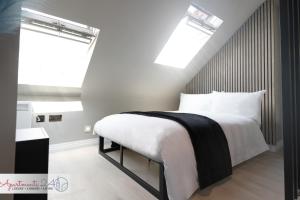 a bedroom with a bed and two skylights at Beautiful Studio Apartment - London in Hounslow