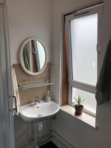 a bathroom with a sink and a mirror at Retro-Sonnenbring B&B in Sønderborg