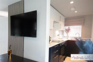 a kitchen with a flat screen tv on a wall at Beautiful Studio Apartment - London in Hounslow