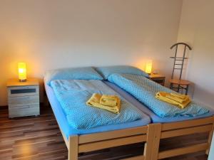 een bed met blauwe lakens en twee handdoeken erop bij Apartment Luxenweid by Interhome in Reichenburg