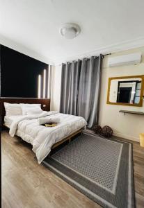 lovely apartment in Zamalek في القاهرة: غرفة نوم بسرير كبير ومرآة