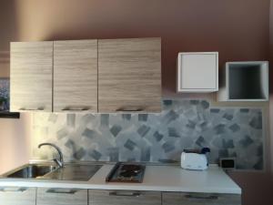 una cocina con fregadero y armarios de madera en Oasi del Garda 4, en Monzambano
