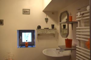 uma casa de banho com um lavatório e um espelho na parede em Les Volets Bleus em Provins