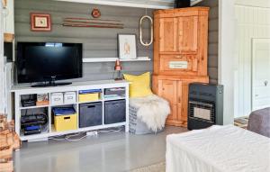 Stunning Home In Risdal With 3 Bedrooms في Mjåvatn: غرفة معيشة مع تلفزيون في موقف مع اتامين
