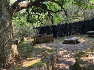 a park with a bench and a fence and a tree at Schoemanskloof, Mpumalanga - Clancy Forest Lodge in Rietvlei