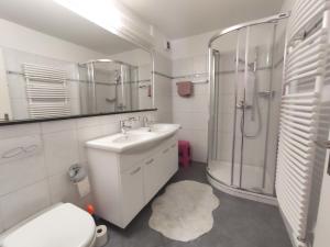 达沃斯Apartment Attika Wohnung Allod Park Haus C 801 by Interhome的带水槽、淋浴和马桶的浴室