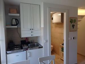una cucina con lavandino e armadietto bianco di Heritage 4-star Studio Apartment Pitve Hvar a Jelsa (Gelsa)