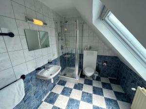 e bagno con doccia, servizi igienici e lavandino. di Floréal a Malmedy