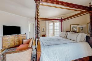 1 dormitorio con cama con dosel y TV en Capeview Estate, en Bourne