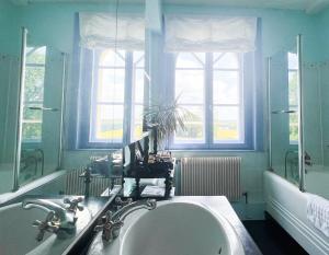 baño con lavabo grande y 2 ventanas en Chambre d’hôtes au Château Le Bas Bleu, Anaïs Nin, en Quesnoy-le-Montant