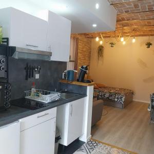 uma cozinha com armários brancos e uma bancada em Charmant logement dans une ancienne ferme em Provins