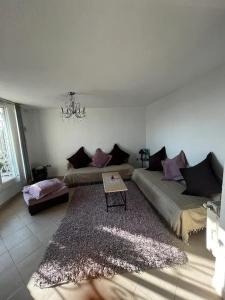 a living room with two beds and a rug at La maisonnette in Sidi Bou Saïd