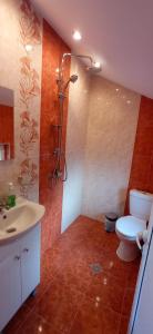 a bathroom with a shower and a toilet and a sink at Къща за гости Джамбазови in Sarnitsa