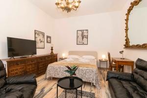 uma sala de estar com uma cama e uma televisão de ecrã plano em Lungo Dora Voghera Lovely Suite em Turim