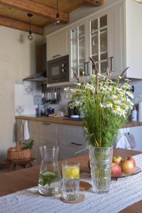un vase de fleurs sur une table dans une cuisine dans l'établissement Mlatevna, à Šakvice