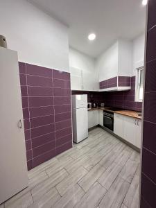 eine Küche mit lila und weißen Wänden und Holzböden in der Unterkunft Flats Puente Ademuz Apartamento de 3 habitaciones in Valencia