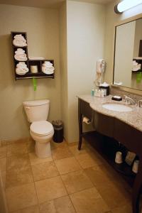 bagno con servizi igienici, lavandino e specchio di Hampton Inn Colby a Colby