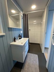 a bathroom with a sink and a mirror at Amma Jóna in Hvolsvöllur