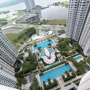 an aerial view of a resort with two buildings at Teega Cozy 2 Guests 35th floor WI-FI City View in Nusajaya