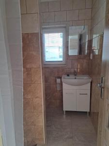 uma casa de banho com um lavatório e um espelho em Penzion FRENAT em Kúty