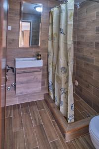 een badkamer met een douche, een wastafel en een toilet bij Apartmani Tvins in Soko Banja