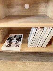 un estante de libros con libros y revistas. en Les pénates du pastel - Jardin & Terrasse, en Villefranche-de-Lauragais