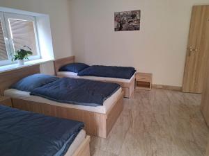 um quarto com três camas e uma janela em Penzion FRENAT em Kúty