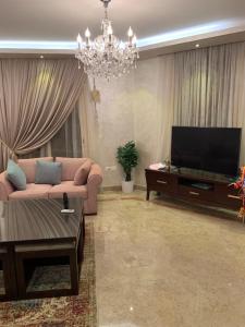 een woonkamer met een bank en een flatscreen-tv bij Luxury Modern Apartment in Caïro