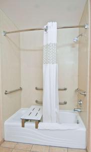 uma banheira com uma cortina de chuveiro na casa de banho em Hampton Inn Canton em Canton