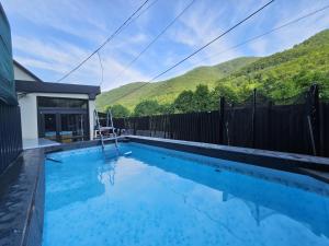 une piscine avec des montagnes en arrière-plan dans l'établissement TRANSILVANIA BLISS COTTAGE, à Someşu Rece