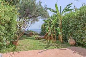 un jardín con un banco, árboles y el océano en Villa Infinity- Pool - Wifi - Parking, en Taormina