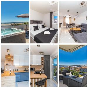 a collage of photos of a hotel room with a bed and a bathroom at Rooftop New Castel 2023 in Kaštela
