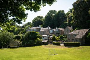 a yard with a soccer ball in the grass at Tickell Cottage in Kingsbridge